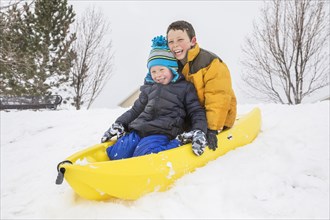 Smiling boys sliding on toboggan on hill in winter