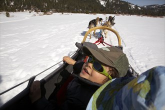Mixed race boy riding on dogsled