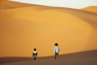 Mixed race brothers walking in desert