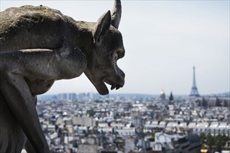 Gargoyle statue overlooking cityscape