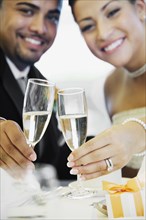 Multi-ethnic bride and groom toasting