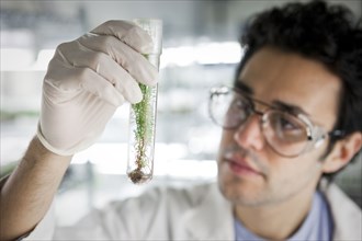 Middle Eastern scientist holding specimen in vial