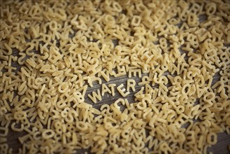 Alphabet noodles spelling water