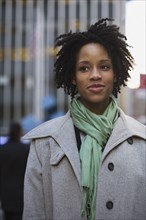 African American woman in urban scene