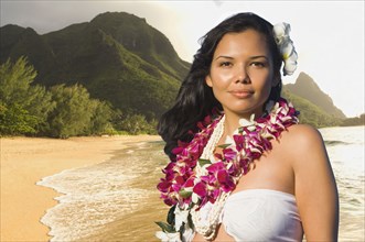 Pacific Islander woman wearing lei
