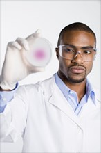 African American scientist looking at petri dish