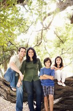 Mixed race family sitting on large tree branch
