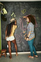 Women drawing on blackboard wall