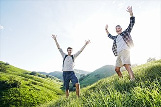 Caucasian father and son cheering on grassy hillside