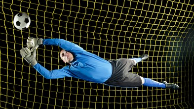 Caucasian soccer goalie jumping in mid-air catching ball at night