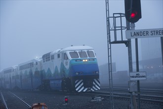 Train in foggy station