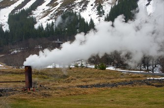 Smoke billowing from column in rural landscape