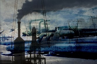Double exposure of power plant and landscape