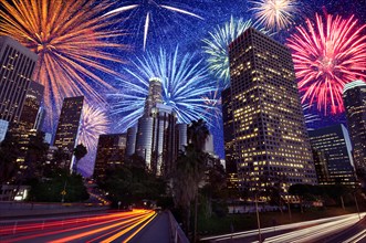 Fireworks exploding over downtown Los Angeles