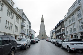 Monument overlooking Reykjavik city street