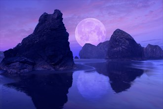 Moon over rock formations on beach