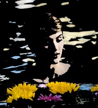 Illustration of woman in lake with flowers