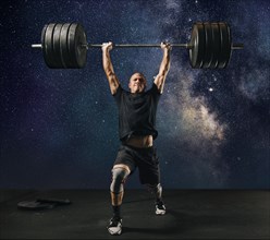 Man lifting heavy barbell against starry sky