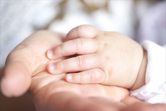 Close up of mixed race mother holding baby girl's hand