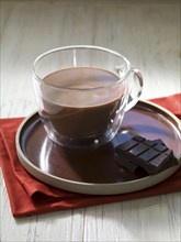 Hot chocolate and chocolate bar on plate