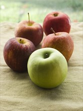 One green apple and four red apples