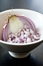 Chopped red onion in bowl