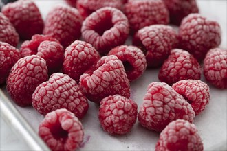 Close up of frozen red raspberries
