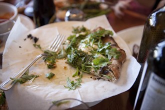 Slice of arugula pizza