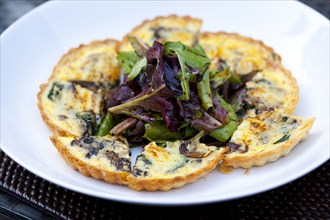 Quiche on plate with salad