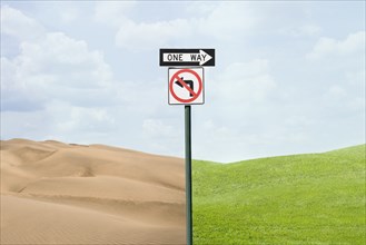 Road signs pointing at green grass and desert