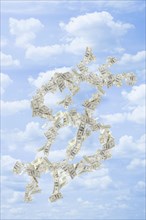 Illustration of dollar bills making dollar sign in sky