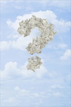 Illustration of dollar bills making question mark in sky