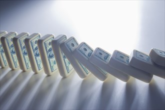 Close up of falling stacks of dollar bills