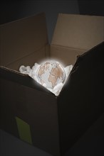 Glowing globe in delivery box