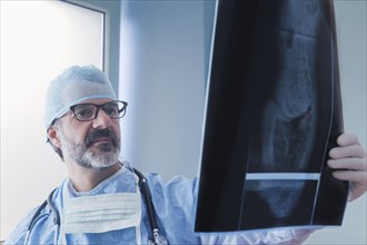 Hispanic surgeon examining x-ray