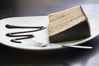 Slice of cake on plate with fork and chocolate syrup