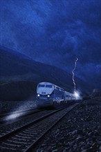 Lightning striking train in rain
