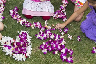 Children playing with flower leis in grass