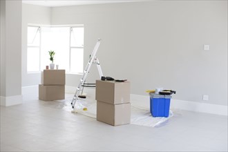 Cardboard boxes and ladder in new home