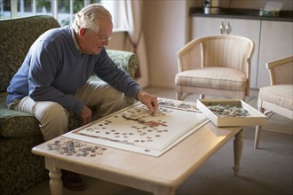Older man on sofa solving jigsaw puzzle