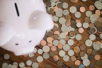 High angle view of piggy bank surrounded by coins
