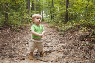 Caucasian toddler walking in forest