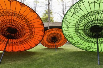 Traditional parasols in backyard