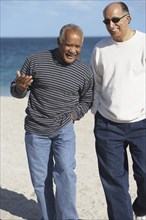 Two senior men talking on beach