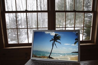 Tropical scene on laptop screen during winter