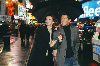Couple walking on city street at night