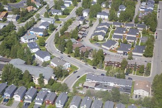 Aerial view of houses in suburban neighborhood