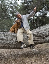 Caucasian man taking cell phone photograph with dog on tree in park