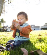 Hispanic boy playing in leaves in park