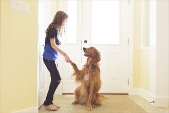 Caucasian girl training dog to shake paw